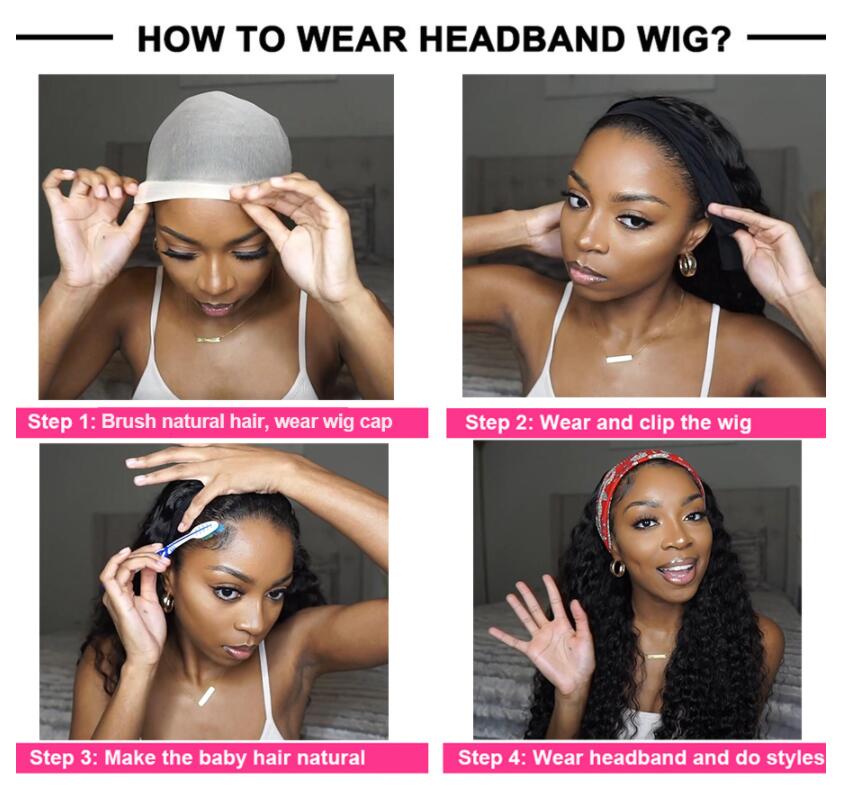 Headband Human Hair Wigs Water Wave Hair 150% 180%