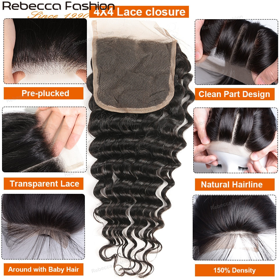 Rebecca Brazilian Deep Wave Hair Bundles With Closure Remy Human Hair Weaves 3 Bundles Deep Wave With Closure