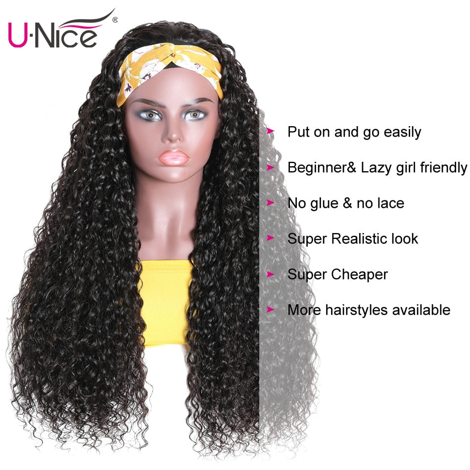 Unice Hair Curly Human Hair Wig Glueless Headband Wig Human Hair Wigs with Free Headband 150% Density For African American Women