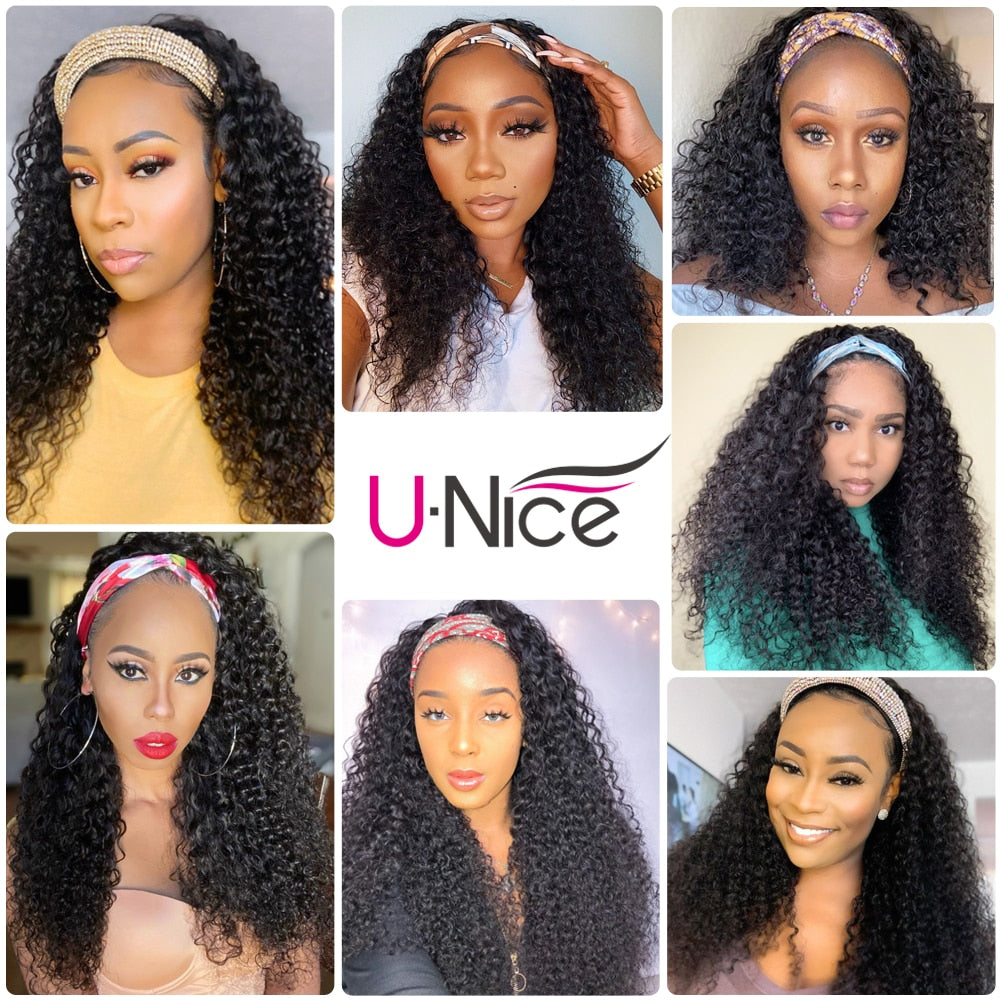 Unice Hair Curly Human Hair Wig Glueless Headband Wig Human Hair Wigs with Free Headband 150% Density For African American Women