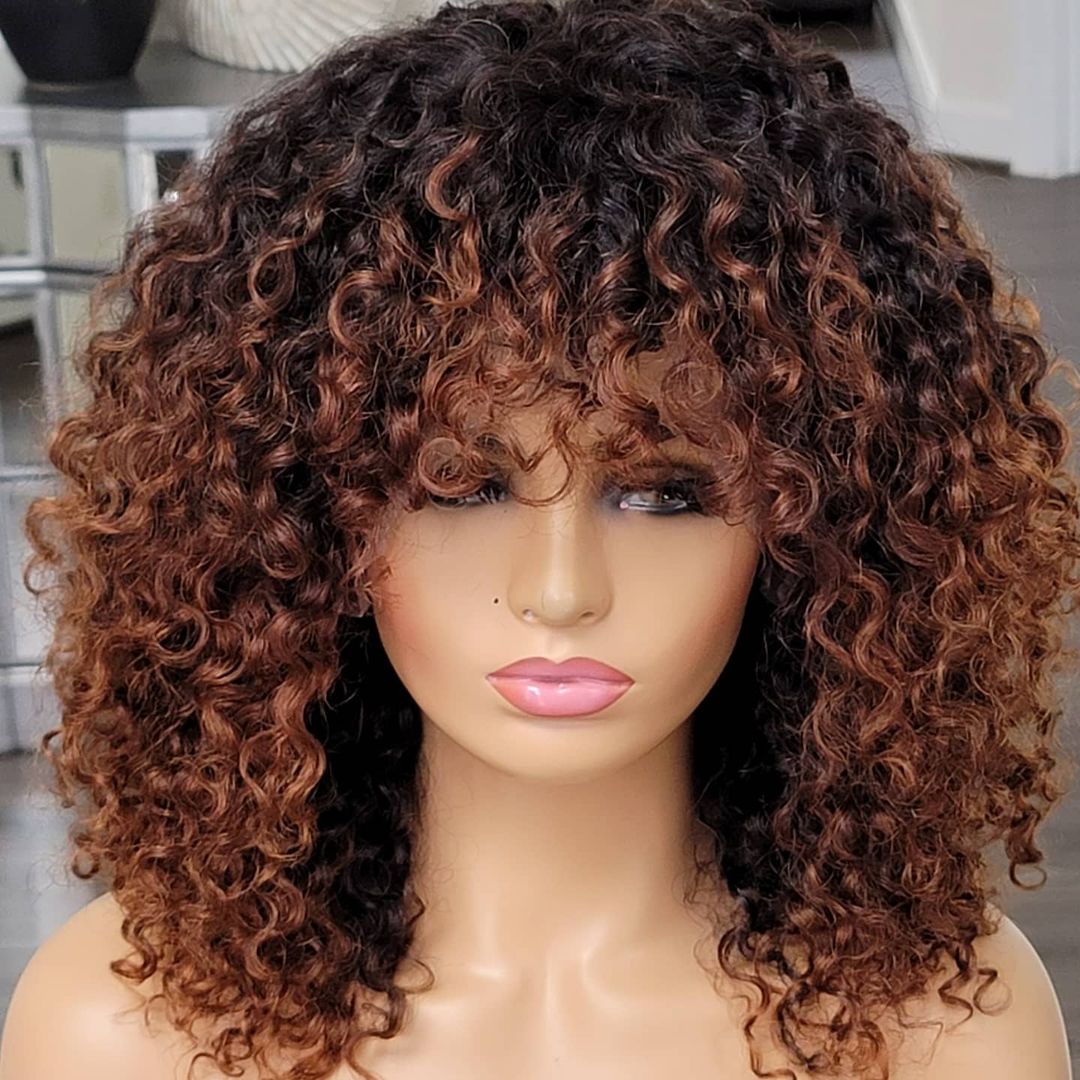 Ombre Honey Blonde Full Machine Wigs With Bangs 1B27 180 Density Jerry Curly Brown Human Hair Machine Made Wigs For Black Women