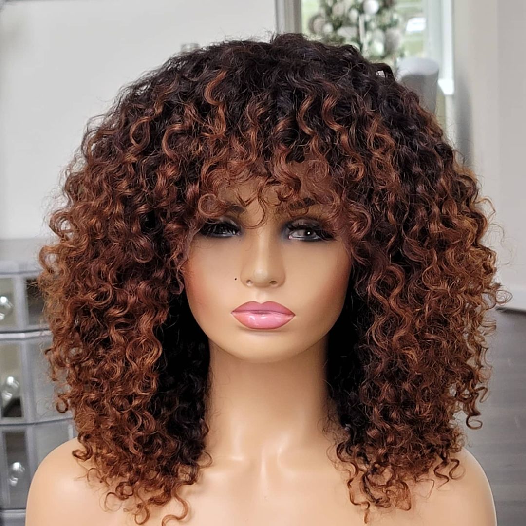 Ombre Honey Blonde Full Machine Wigs With Bangs 1B27 180 Density Jerry Curly Brown Human Hair Machine Made Wigs For Black Women